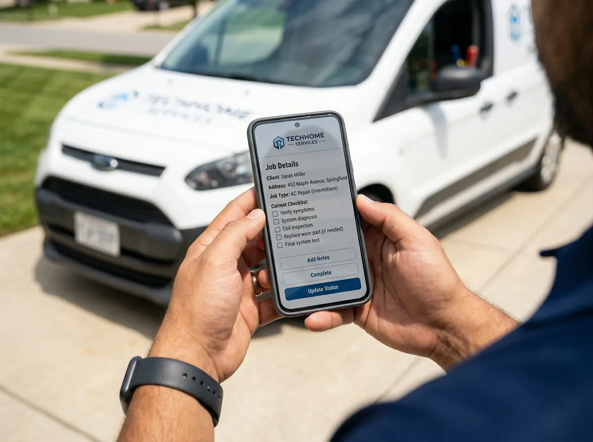 Field technician using the Pemberton crew app at a job site