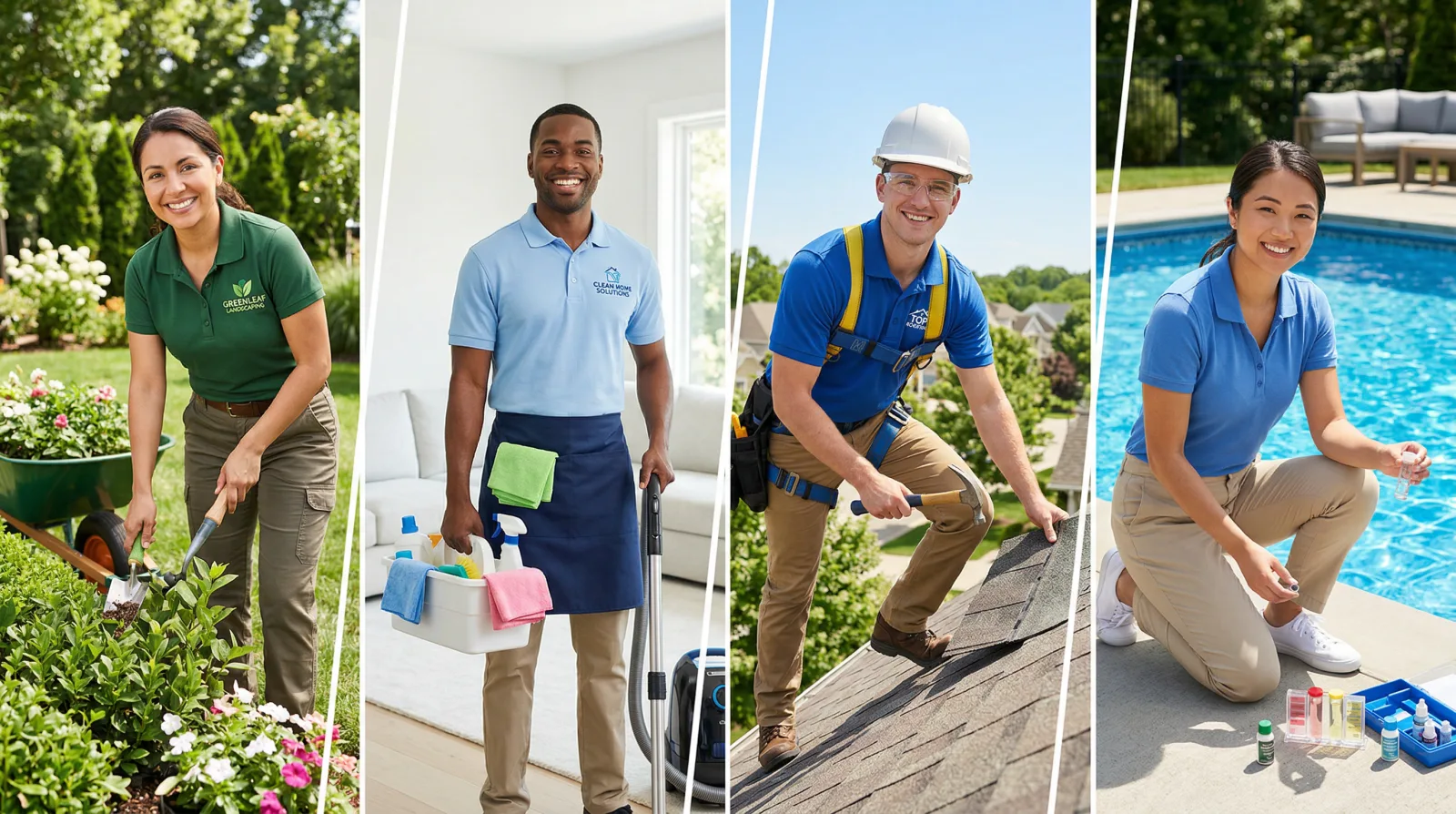 Home service professionals — landscaping, cleaning, roofing, and pool care