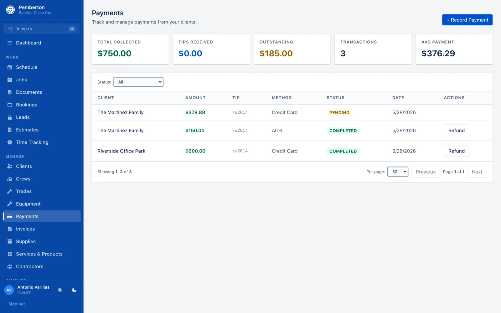 Pemberton Payments view